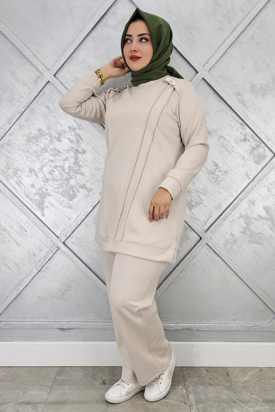 KADIN DÜĞME DETAYLI NERVÜR DİKİM TESETTÜR TAKIM - Resim 7