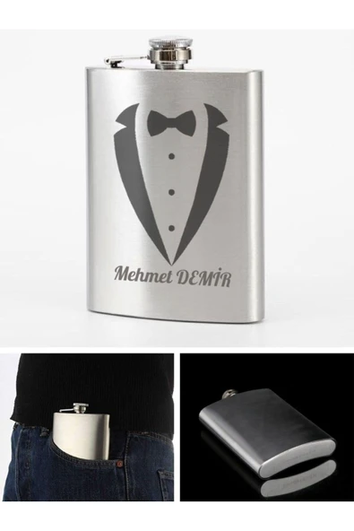 Paslanmaz Çelik Cep Matarası Kişiye Özel Smokin Damat Temalı 9 Oz Çelik Cep Matarası 266 Ml Hediye - Resim 2