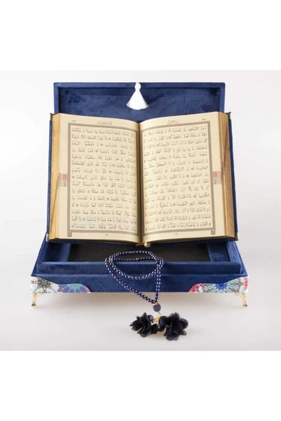 Tesbih Kuran Hediye Seti (ORTA BOY, KADİFE OVAL SANDIKLI, LACİVERT) - Resim 5