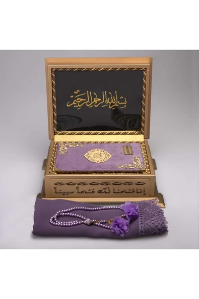 Şal + Tesbih + Kuran Hediye Seti (hafız Boy, Kadife, Lila) - Resim 2