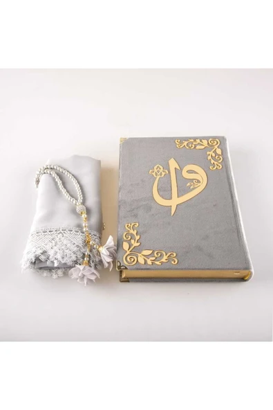 Şal + Tesbih + Kuran Hediye Seti (orta Boy, Kadife, Gri) - Resim 2