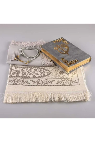 Şal + Seccade + Tesbih + Kuran Hediye Seti (hafız Boy, Kadife, Gri) - Resim 2