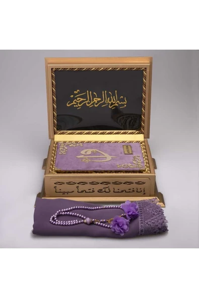 Şal Tesbih Kuran Hediye Seti (HAFIZ BOY, AHŞAP KUTULU, KADİFE, LİLA) - Resim 2