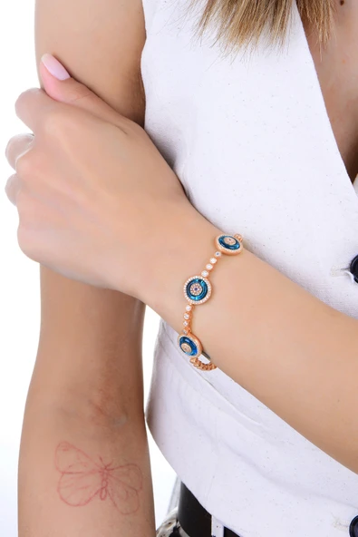 Gümüş rose zirkon taşlı üç nazar boncuklu cam göz su yolu bileklik SGTL12945ROSE - Resim 2