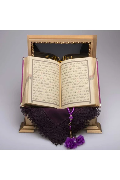 Şal + Tesbih + Kuran Hediye Seti (hafız Boy, Ahşap Kutulu, Mor) - Resim 3