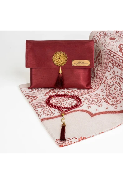Seccade + Tesbih Hediye Seti (Şantuk Kese, Bordo) ürün görseli