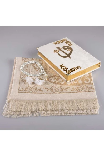 Seccade + Tesbih + Kuran Hediye Seti (orta Boy, Kadife, Beyaz-1) - Resim 2