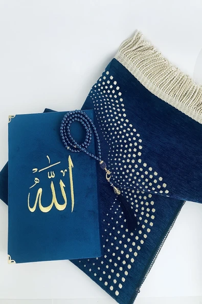 Sax Mavi Kadife Kaplı Kuran-ı Kerim,az Desenli Şönil Seccade,inci Tesbih Set ürün görseli