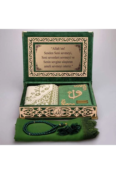 Raşel Kutulu, Şal + Seccade + Tesbih + Kuran Hediye Seti (Orta Boy, Yeşil, Elif-Vav) - Resim 3