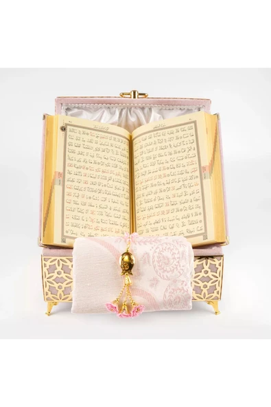 Desenli Kutu Çeyizlik, Seccade + Tesbih + Kuran Hediye Seti (Hafız Boy, P.Pembe, Elif-Vav) - Resim 4