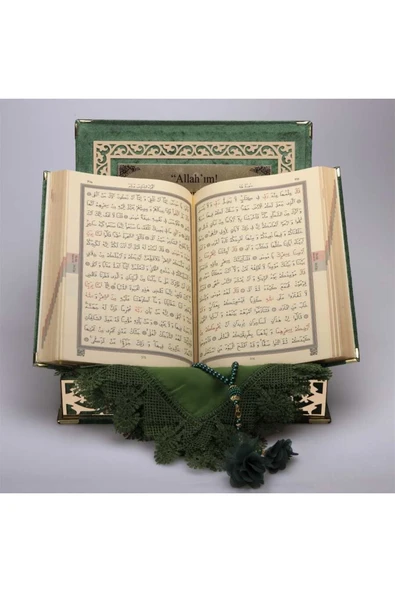 Şal + Tesbih + Kuran Hediye Seti (orta Boy, Yeşil, Gold Pleksi) - Resim 4