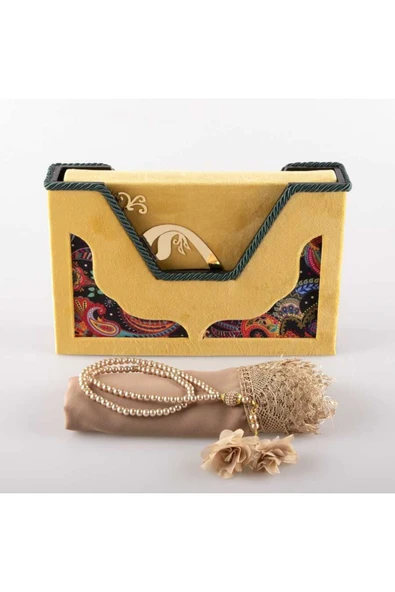 Şal Tesbih Kuran Hediye Seti (ORTA BOY, KADİFE V KUTULU, GOLD) - Resim 2