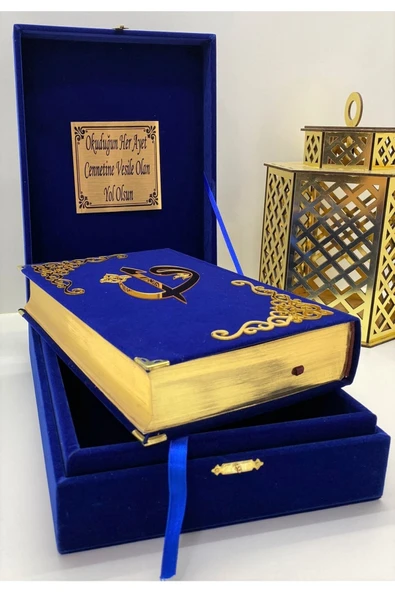 Isimli Kadife Kuranı Kerim Karşılıklı Mealli Kutulu Orta Boy (16X24) (MAVİ) Tesbih, Ayraç Seti - Resim 3