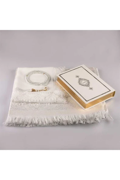 Şal Seccade Tesbih Kuran Hediye Seti (HAFIZ BOY, BEYAZ) - Resim 2