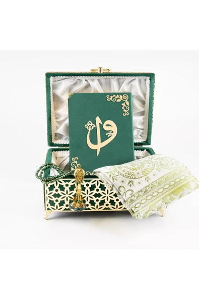 Desenli Kutu Çeyizlik, Seccade + Tesbih + Kuran Hediye Seti (Çanta Boy, Kadife, Yeşil, Elif-Vav) - Resim 3