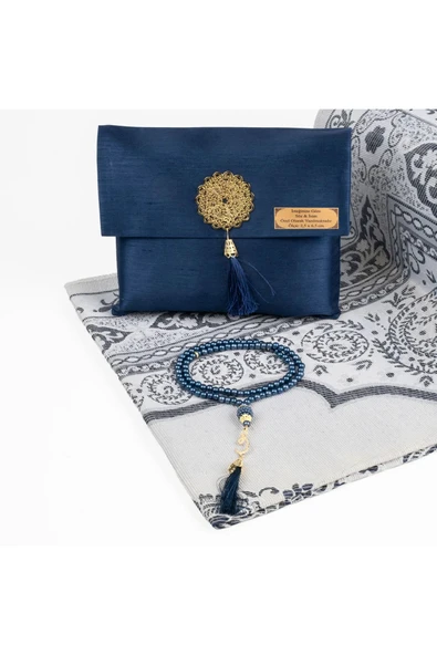 Seccade + Tesbih Hediye Seti (Şantuk Kese, Lacivert) ürün görseli