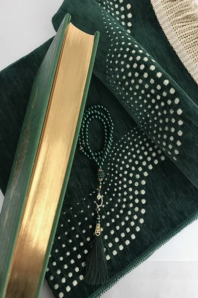 Yeşil Termo Deri Kuran-ı Kerim ,az Desenli Şönil Seccade, Inci Tesbih Set - Resim 3