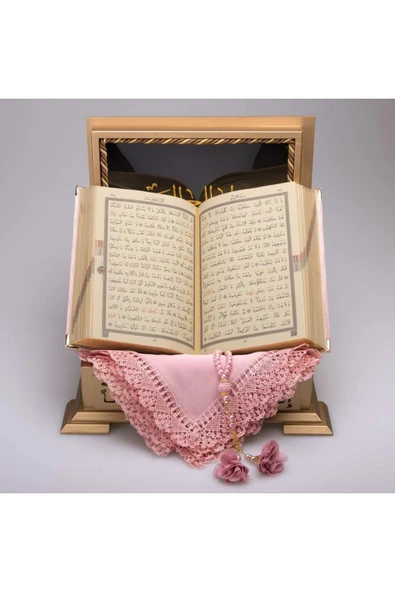 Şal Tesbih Kuran Hediye Seti (HAFIZ BOY, AHŞAP KUTULU, KADİFE, PUDRA PEMBE) - Resim 3