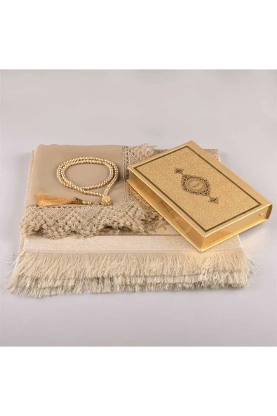 Şal Seccade Tesbih Kuran Hediye Seti (HAFIZ BOY, GOLD) - Resim 2