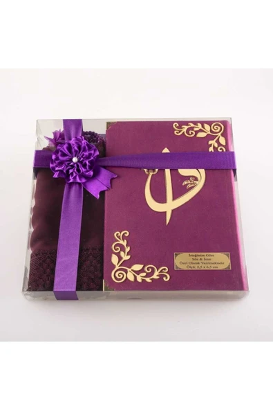 Şal + Tesbih + Kuran Hediye Seti (çanta Boy, Kadife, Mor) ürün görseli