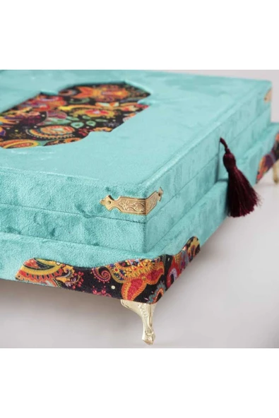 Şal Tesbih Kuran Hediye Seti (ORTA BOY, KADİFE SANDIKLI, TURKUAZ) - Resim 6