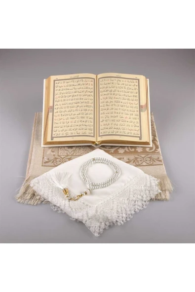 Şal Seccade Tesbih Kuran Hediye Seti (HAFIZ BOY, BEYAZ-1) - Resim 3
