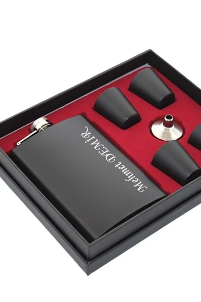 Paslanmaz Çelik Cep Matarası Kişiye Özel Çelik Matara Hediye Seti Siyah İçecek Matarası 4 Bardaklı ürün görseli 1