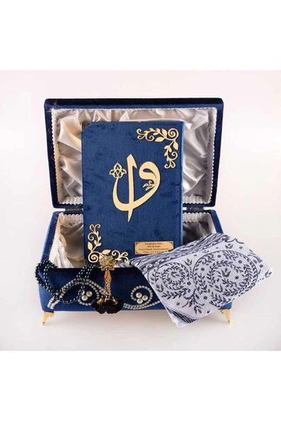 Desenli Kutu Çeyizlik, Seccade + Tesbih + Kuran Hediye Seti (Orta Boy, Kadife, Lacivert, Elif-Vav) - Resim 2