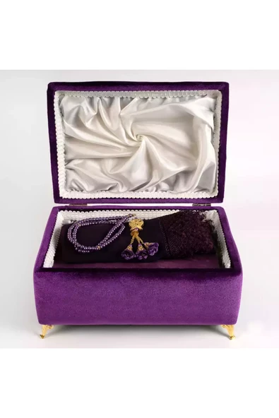 Çizgili Kutu Çeyizlik, Şal + Seccade + Tesbih + Kuran Hediye Seti (Orta B. Kadife, Mor, Elif-Vav) - Resim 3