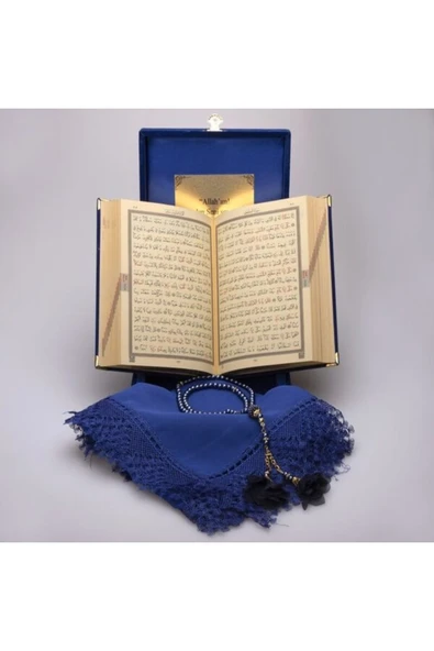 Kişiye Özel Hediye Mavi Orta Boy Plaketli Kuranı Kerim Tesbih Örtü Seti - Resim 4