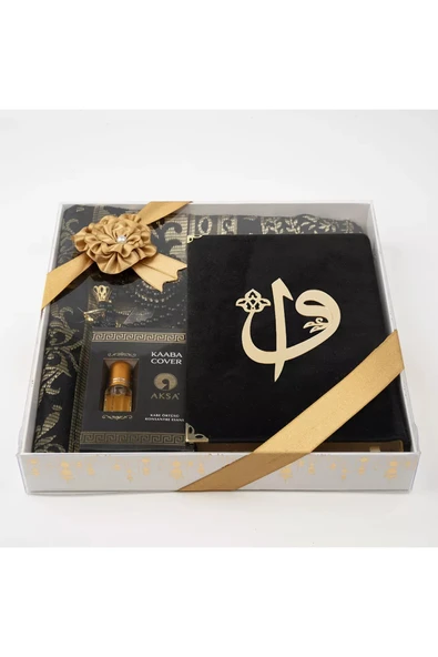 Kuran + Seccade +  Tesbih + Zikirmatik + Koku Hediye Seti (Çanta Boy, Kadife, Siyah) - Resim 2