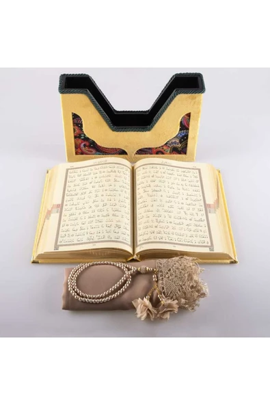 Şal Tesbih Kuran Hediye Seti (ORTA BOY, KADİFE V KUTULU, GOLD) - Resim 4