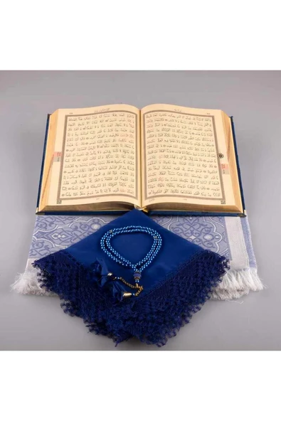 Şal + Seccade + Tesbih + Kuran Hediye Seti (orta Boy, Kadife, Lacivert) - Resim 3