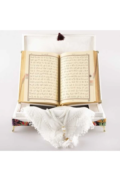 Şal Tesbih Kuran Hediye Seti (ORTA BOY, KADİFE SANDIKLI, BEYAZ) - Resim 5