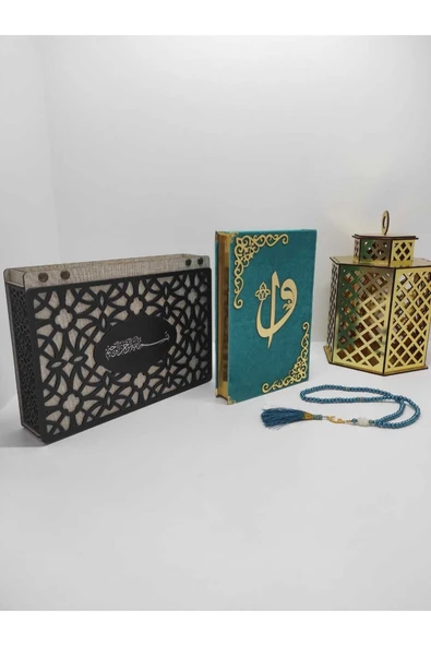 Isimli Kadife Kuranı Kerim Özel Ahşap Kutulu Ortaboy (16X24)(TURKUAZ)ayraç,tesbih Seti ürün görseli