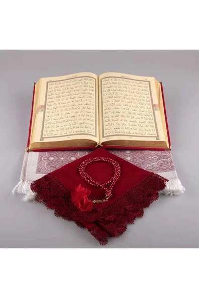 Şal Seccade Tesbih Kuran Hediye Seti (ORTA BOY, KADİFE, KIRMIZI) - Resim 3