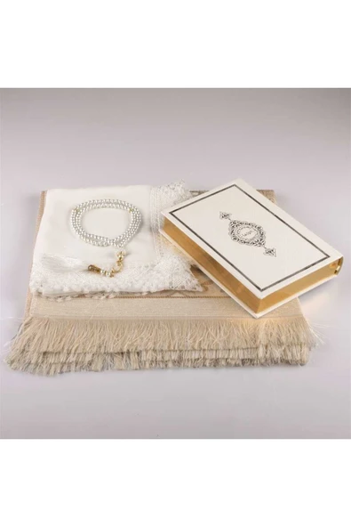 Şal Seccade Tesbih Kuran Hediye Seti (HAFIZ BOY, BEYAZ-1) - Resim 2