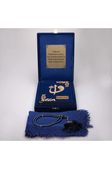 Kişiye Özel Hediye Mavi Orta Boy Plaketli Kuranı Kerim Tesbih Örtü Seti - Resim 2