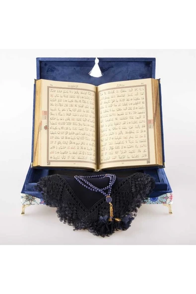 Şal Tesbih Kuran Hediye Set (ORTA B, KDF OVAL SNDK, LACİVERT) - Resim 5