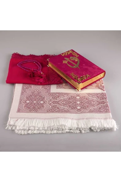 Şal Seccade Tesbih Kuran Hediye Seti (HAFIZ BOY, KADİFE, FUŞYA PEMBE) - Resim 2