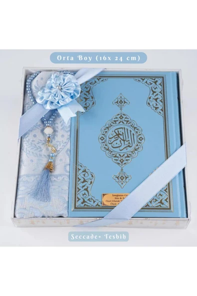 Kuran +  Seccade +  Tesbih Hediye Seti (Orta Boy, Ekonomik Cilt, Desenli Kutu, Açık Mavi) ürün görseli