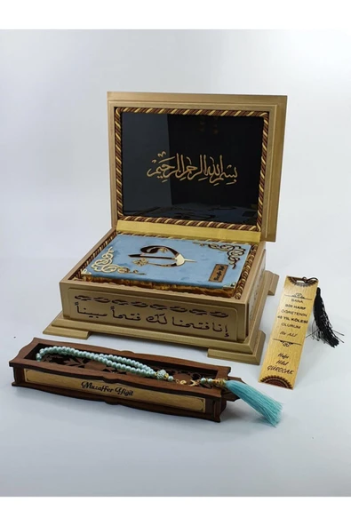 Dini Hediye Ahşap Kutulu Gökyüzü Mavi Kuranı Kerim Seti ürün görseli