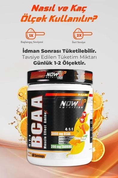 NOWUP NUTRITION Bcaa 4:1:1 Muscle Effect Amino Asit / Turunç Meyveleri Aromalı – 360 Gr. / 60 Servis - Resim 7