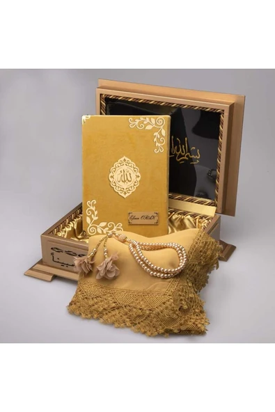 Şal + Tesbih + Kuran Hediye Seti (hafız Boy, Kadife, Gold) ürün görseli