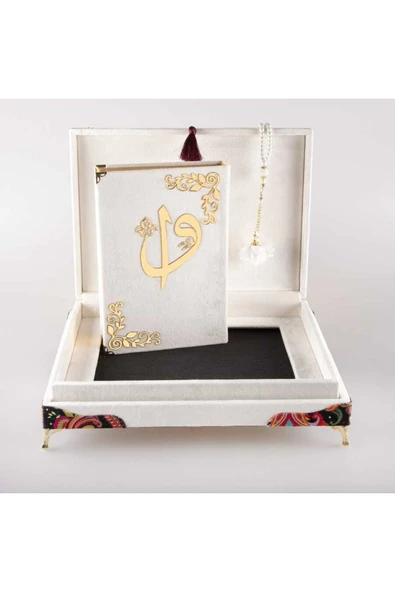 Tesbih Kuran Hediye Seti (ORTA BOY, KADİFE SANDIKLI, BEYAZ) - Resim 4