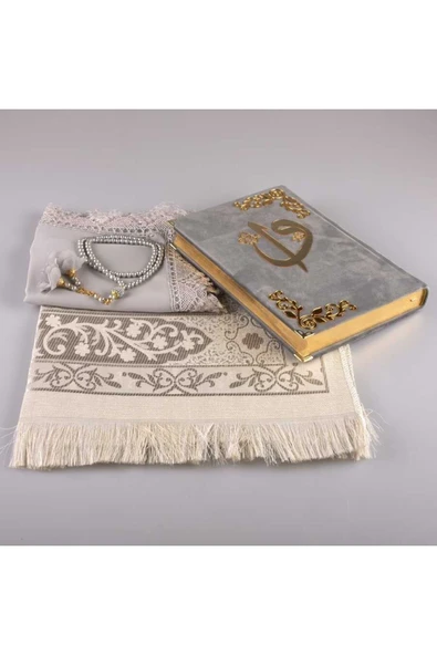Şal + Seccade + Tesbih + Kuran Hediye Seti (orta Boy, Kadife, Gri) - Resim 2