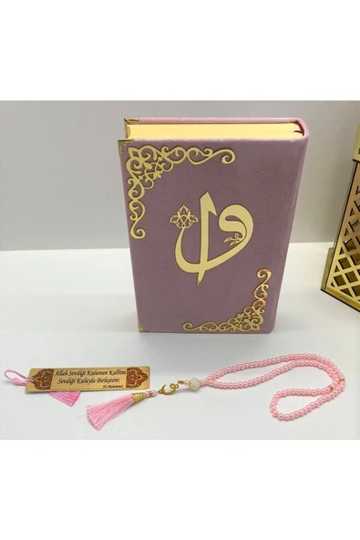 İsimli Kadife Kuranı Kerim Karşılıklı Mealli Ortaboy(16X24)(PEMBE) Inci Tesbih, Ayraç Seti - Resim 2