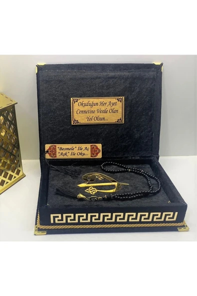 Isimli Özel Kadife Kutulu Kuranı Kerim Orta Boy Kutulu (SİYAH) (16X24) Ayraç, Inci Tesbih Seti - Resim 4