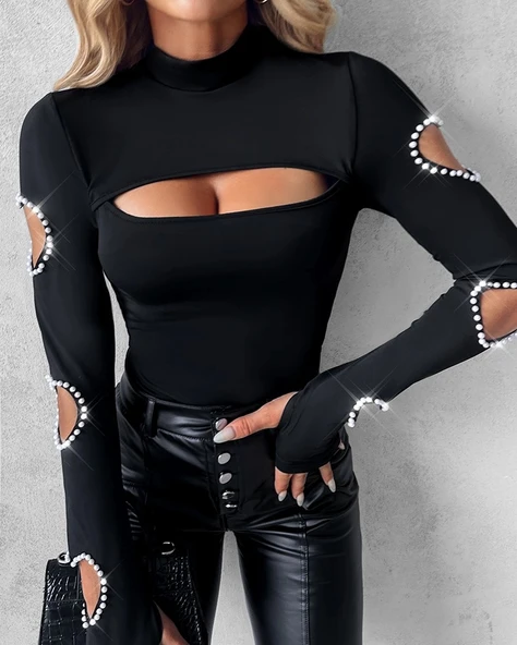 MDB Kadın Uzun Kollu Yarı Balıkçı Yaka Pencere Detaylı Kolları Kalp Desen Taşlı Viskon Bluz - Resim 2