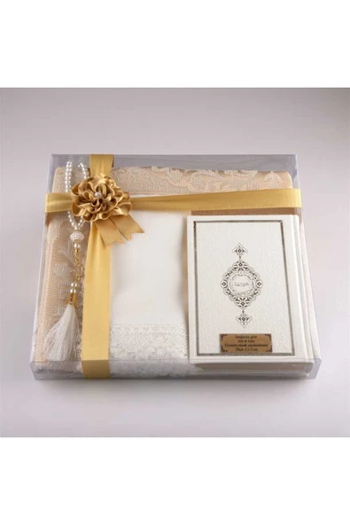 Şal Seccade Tesbih Kuran Hediye Seti (ÇANTA BOY, BEYAZ-1) ürün görseli